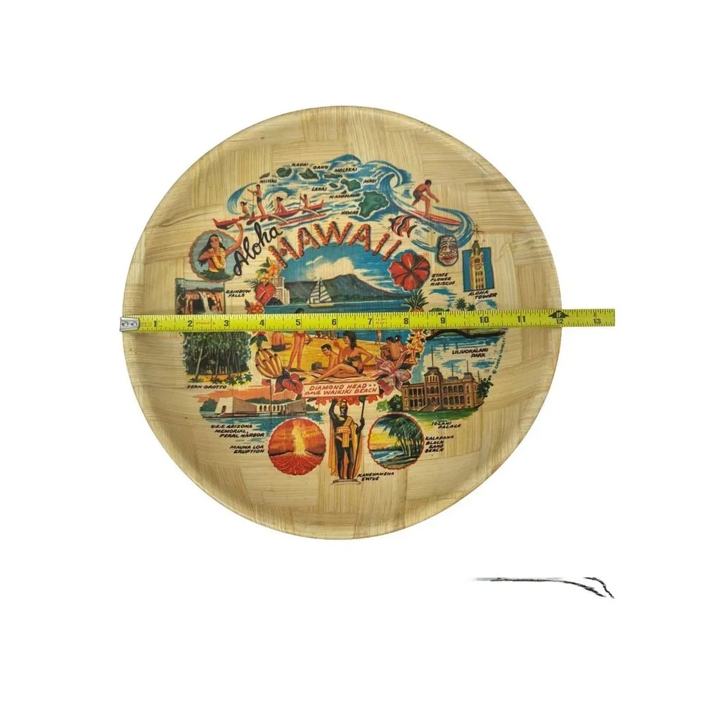 Vintage Hawaii Map Souvenir Bamboo Decorative Tray‎ Plate Handwoven